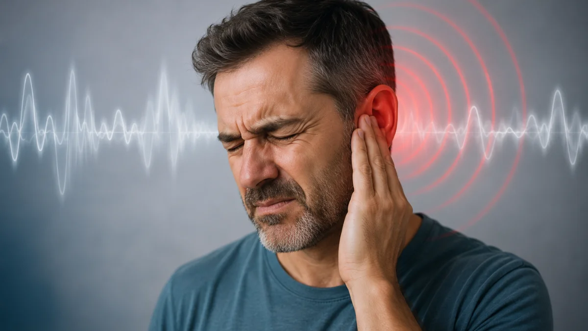 Man holding his glowing red ear in pain. 