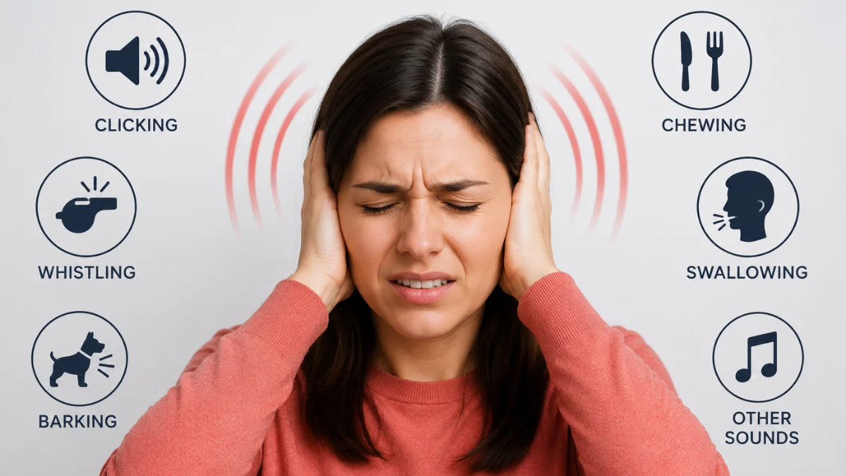Woman holding her ears in pain. 