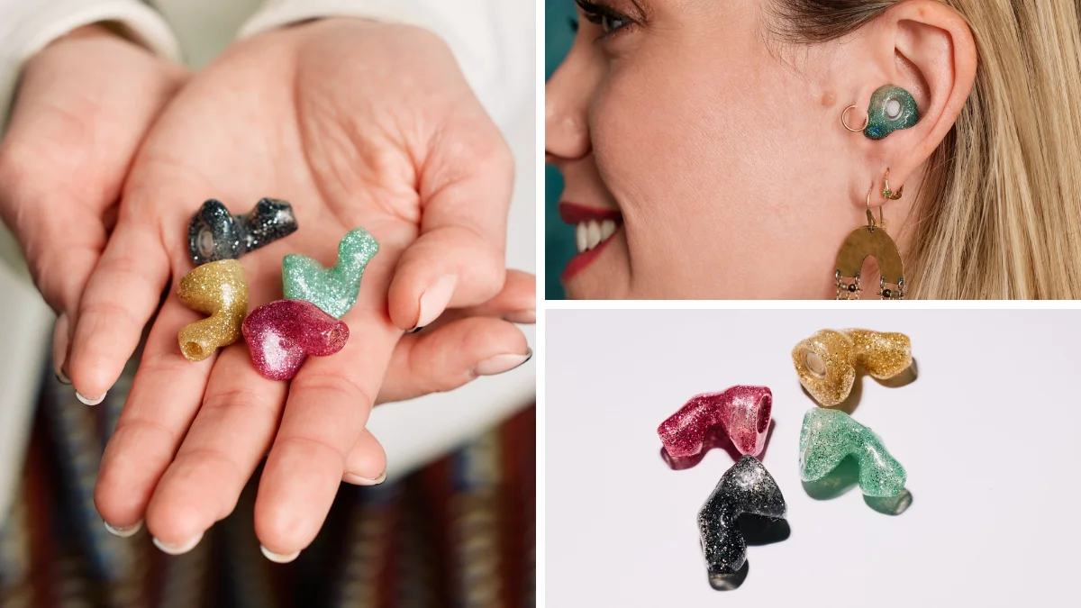 A collage of different musicians ear plugs.